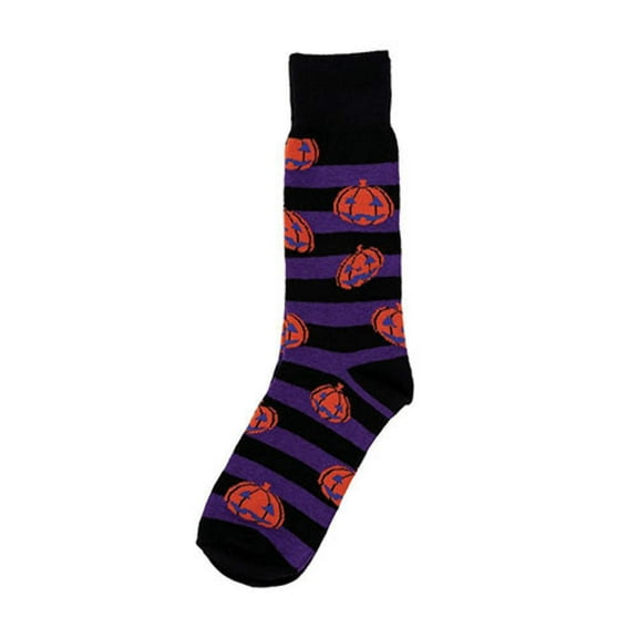 Orange Pumpkin Purple Stripe One Size Cotton Blend Novelty Crew Socks