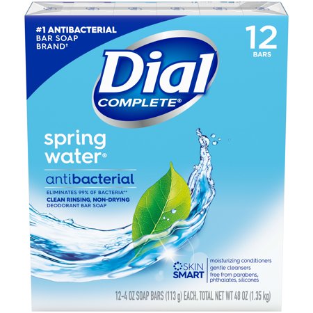 Dial Complete Antibacterial Deodorant Bar Soap, Spring Water, 4 oz, 12 Bars