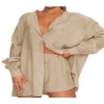 thumbnail image 2 of Women Two-piece Pants Suit  Solid Color Long Sleeve Blouse and Drawstring Elastic Waist Shorts, 2 of 7