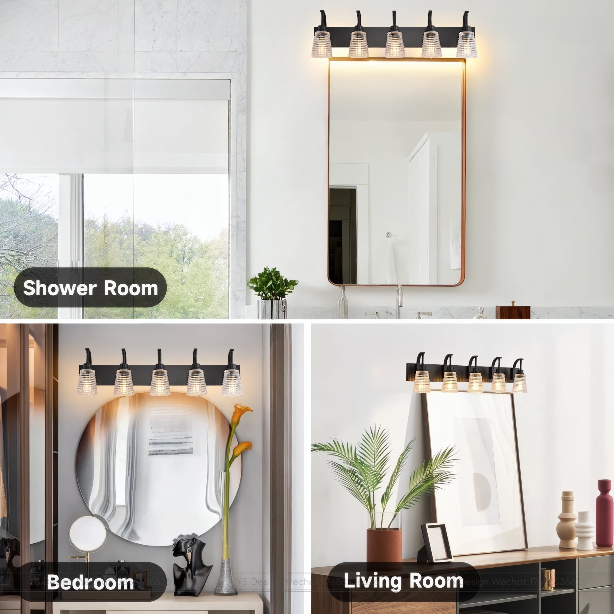 5-Light Matte Black Vanity Light, Large Modern Farmhouse Bathroom Light Fixture with Clear Rippled Glass Shades, 36.61 Inch