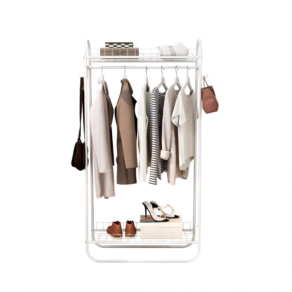Heavy Duty Garment Rack, Freestanding Metal Clothes Rack with Double Shelves, 200 lbs Capacity, Portable Rolling Clothing Rack, White