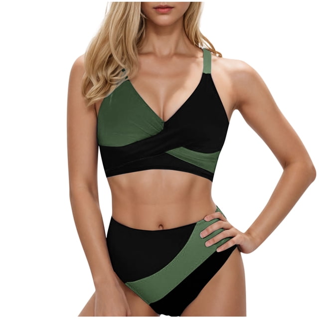 Trajes de Baño de Bikini de Mujer, Bloqueo de Color Sexy Correa sin Espalda Bikini, Traje de Baño de Corte Alto Retro