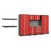 NewAge Products Pro Series Red 9 Piece Cabinet Set, Heavy Duty 18-Gauge Steel Garage Storage System, Slatwall / Wall Mounted Shelf Included