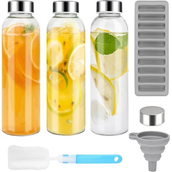 UTAH-24 oz Glass Juice Bottles with Lids for Juicing, Reusable Clear Glass Water Bottles with Stainless Steel Airtight Cap for Refrigerator, 100% Leak Proof, BPA Free, ECO Friendly, Set of 3