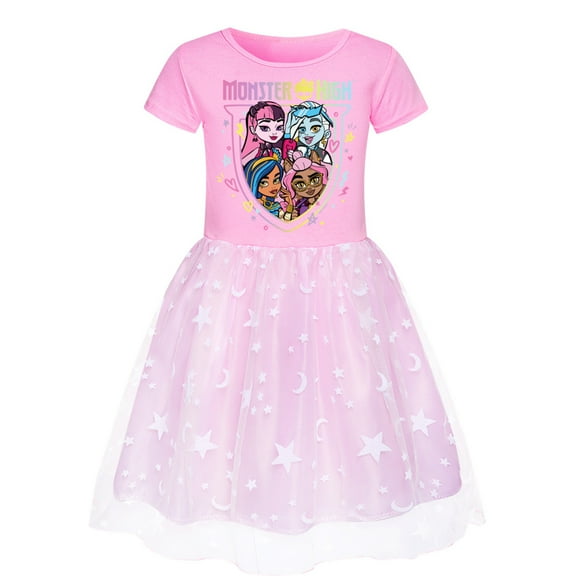 Girls Monster High Anime Fans Cartoon Graphics Printed Casual Tutu Tulle Dress Costume Summer Short Sleeve Cute Playwear Round Neck Rainbow Star Ruffle Skirt Role Play Party Clothes Outfits Gift 3-9