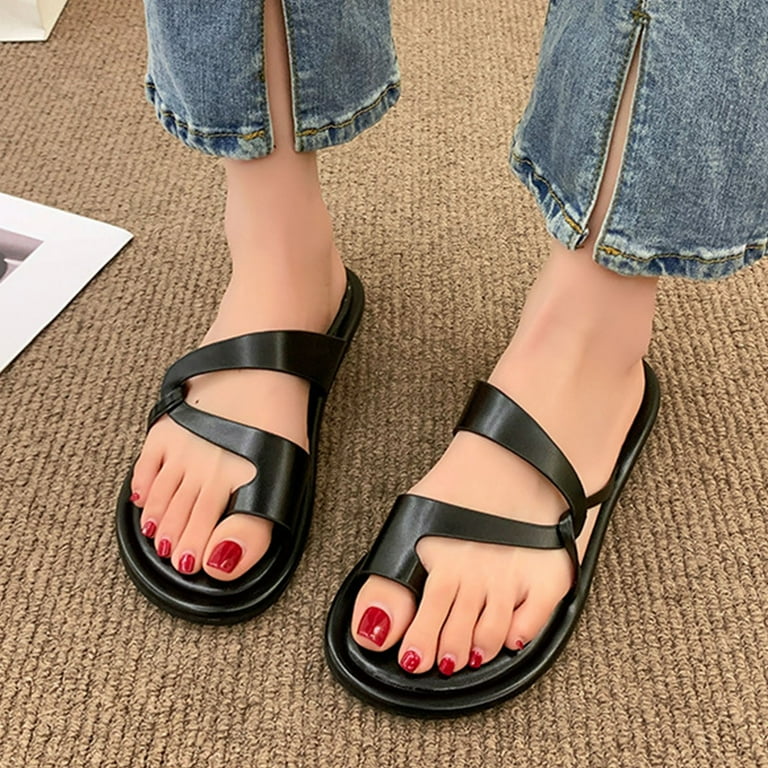 HSMQHJWE Toe Ring Flat Sandals Womens Slides Slip On Sandals Toe Clip  Sandals For Women Dressy Summer Flat Sandals Ladies Comfortable Boho Beach Sandals  HSMQHJWE（Black,6.5） 