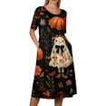 thumbnail image 5 of Women's Halloween Print Round Neck Casual Dress with Pockets Short Sleeve Loose Fit Midi Dress Plus Size for Daily Wear Autumn Outfit Black L, 5 of 6
