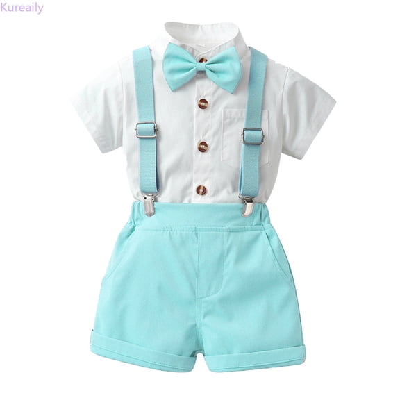 Kureaily Toddler Boys Short Sleeve Solid T Shirt Tops Suspenders Shorts Child Kids Gentleman Outfits 18-24 Months