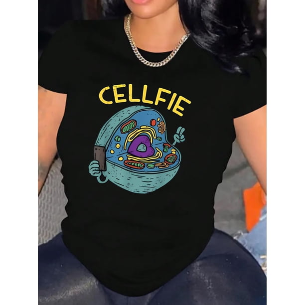 1pc Women'S Casual Crew Neck T-Shirt with Cellfie Print, Polyester Knit Fabric, Medium Stretch, All-Season Short Sleeve Top, Fashionable and Comfortable Summer Tee for Ladies