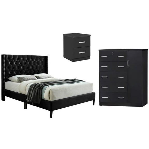 Home Square 3-Piece Set with Tufted Queen Bed Tall Chest Wardrobe & Nightstand