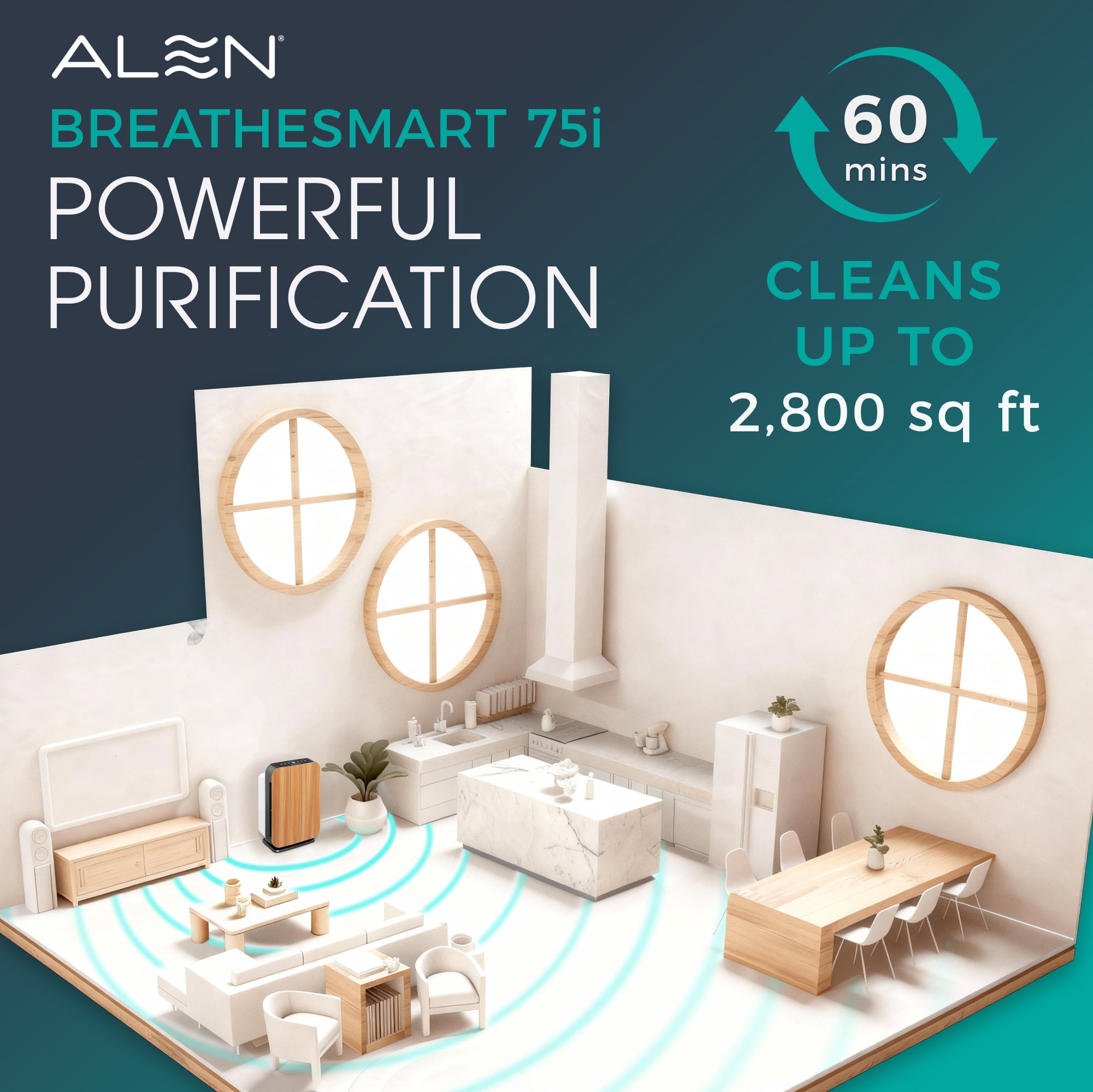 Alen Air Purifier BreatheSmart 75i HEPA w/ Essential (Pure) Filter for Large Rooms up to 2600 Sq. Ft. - Perfect for Living Room & Kitchen - Captures Allergens, Dust, & Mold - Oak