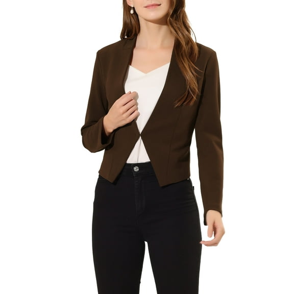 Women's Work Office Blazer Collarless Business Casual Suit Jacket Cropped Blazer L Coffee