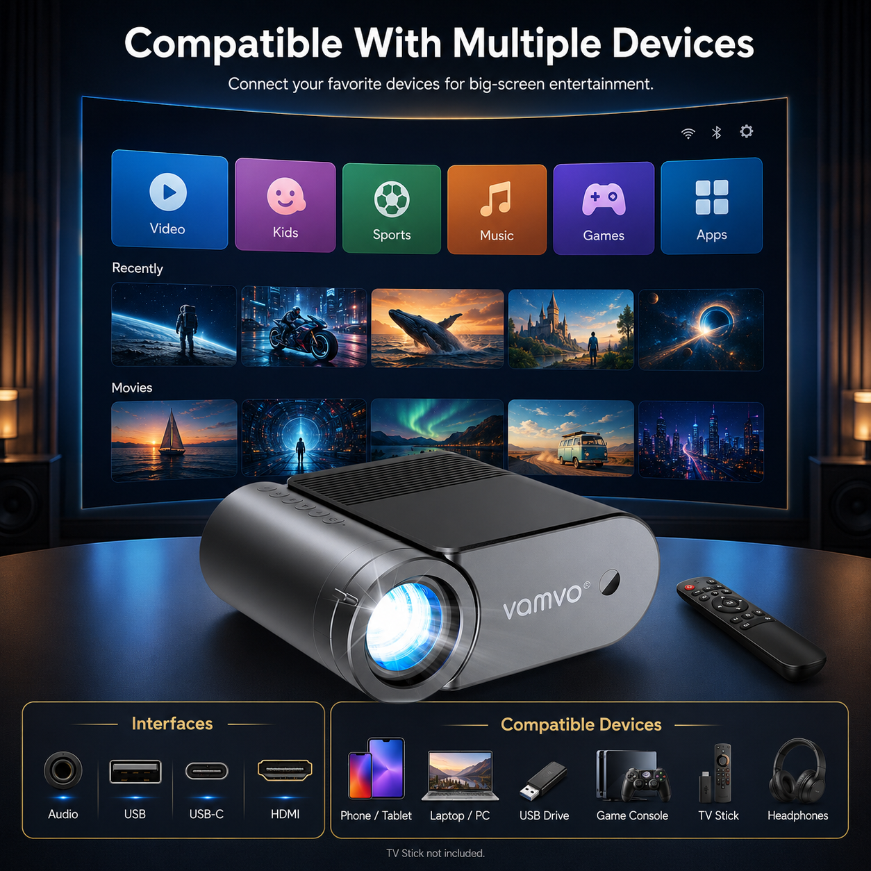 Vamvo Portable Projector WiFi 1080P 200" Display photo 4
