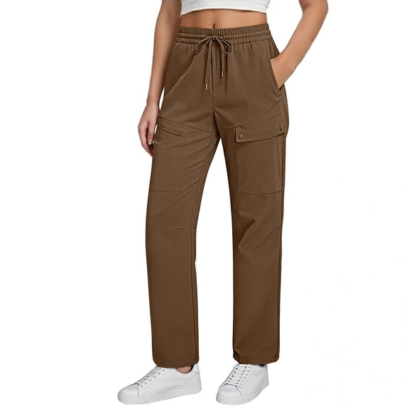 Yertdoel Cargo Pants Women Elastic High Waisted Solid Color Drawstring Straight Leg Hiking Pants with Multi Pockets Outdoor Trendy Casual Comfy Workout Pants