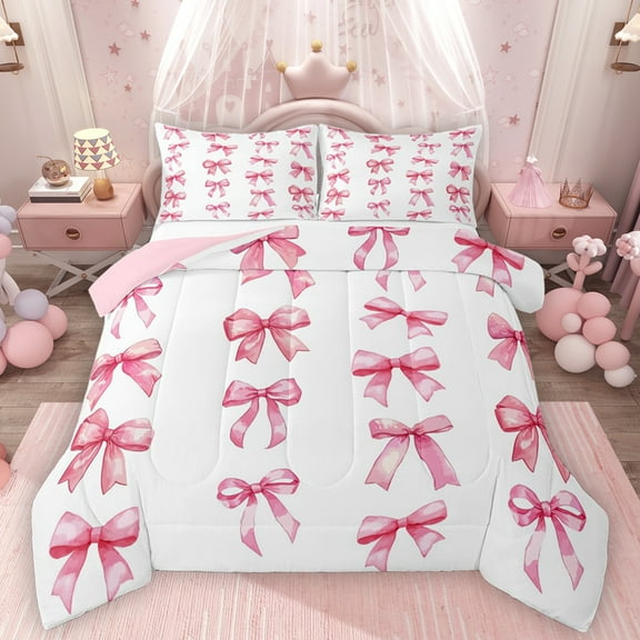 Homewish Cute Bow Tie Bedding Comforter Set,Ribbon Bowknot Twin Comforter Sets,White Pink Bedding Set For Girl Kids,Ultra Soft Home Decor Reversible,2 Pieces