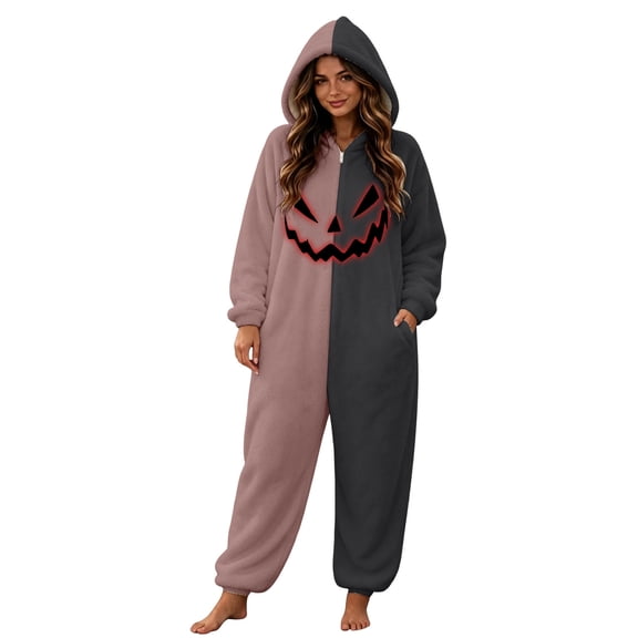 LILIYA Halloween Jumpsuit, Unisex Hooded Onesie, Color Block Plush Sleepwear with Deep Pockets, Relaxed Fit 1-Piece Bodysuit, Cozy Holiday Loungewear for Couples