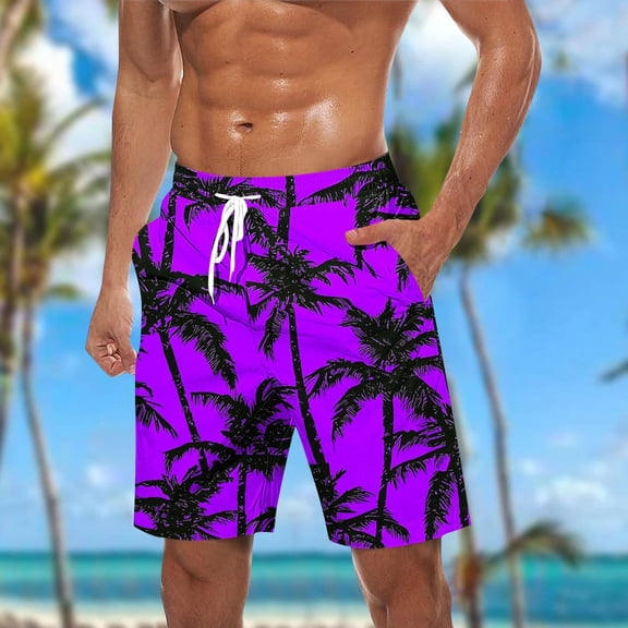 Hurxie Men's Swim Trunks Hawaiian Bathing Suit Swimsuits Beach Shorts with Pockets Purple,L