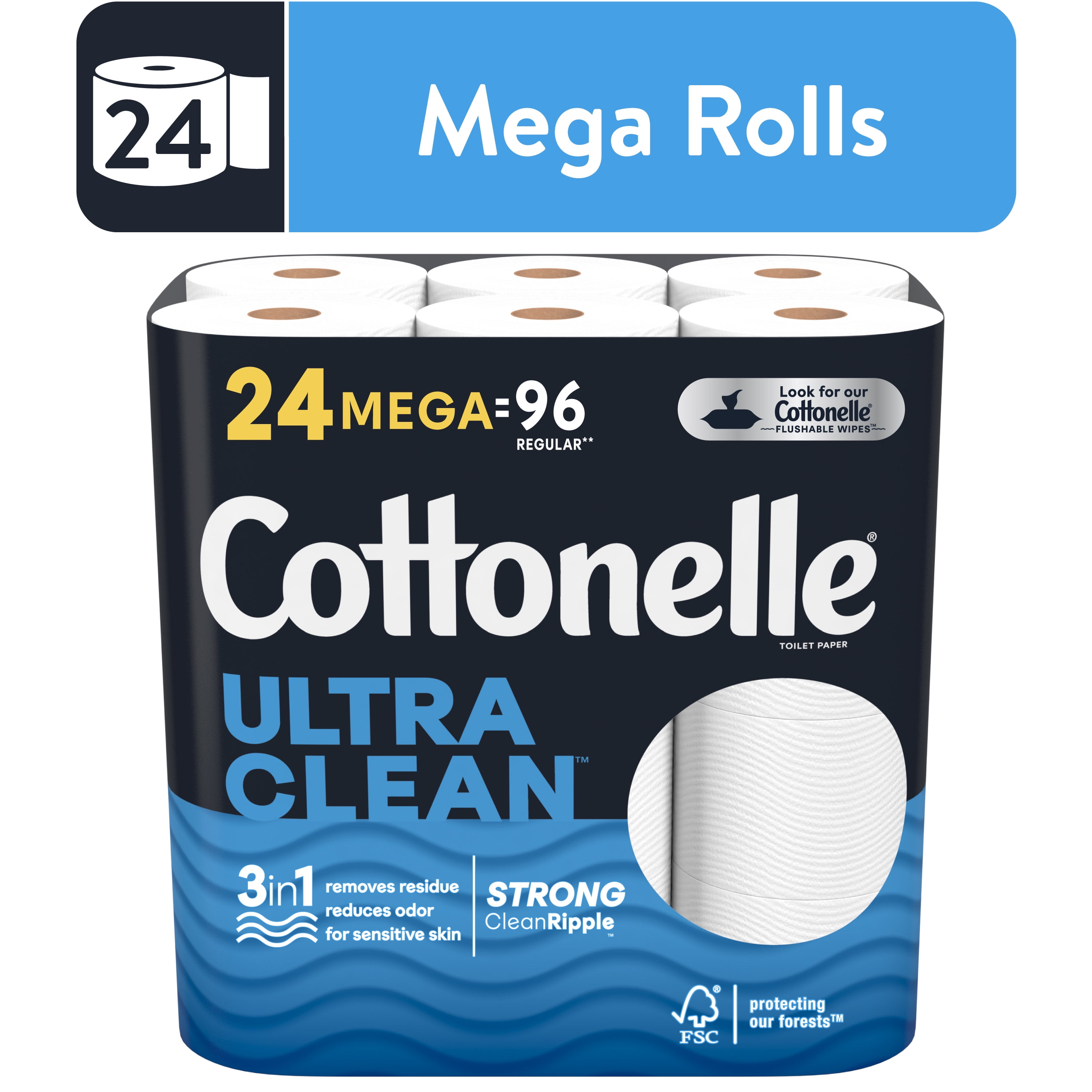 Cottonelle Ultra Clean Toilet Paper, Strong Toilet Tissue, 24 Mega Rolls (24 Mega Rolls = 96 Regular Rolls), 312 Sheets per Roll