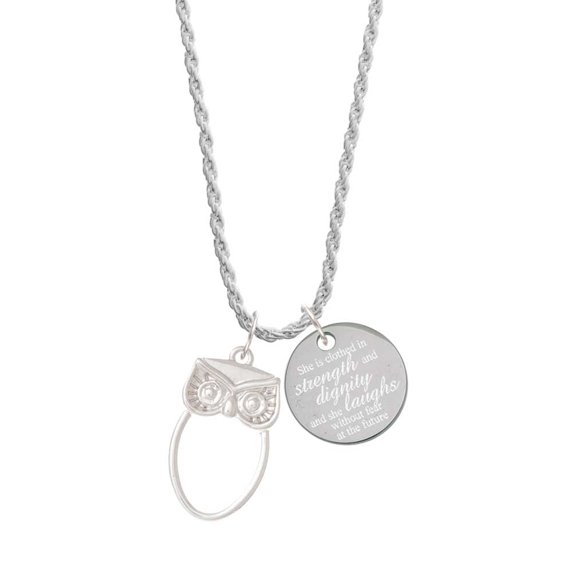 Delight Jewelry Silvertone Large Owl Outline She is Clothed in Stength and Dignity Charm Necklace, 20" 3"