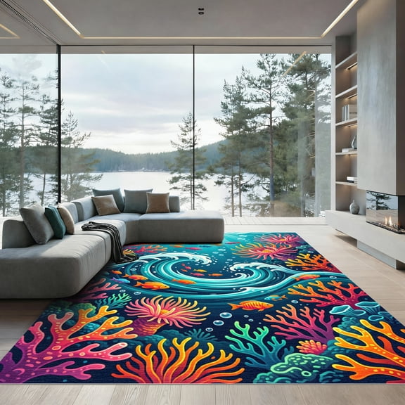 ODIKA 4' x 6' Machine Washable Non-Slip Area Rug, modern print High Traffic Rug, Blue, 1168163