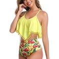 thumbnail image 4 of Women High Waisted Bikini Ruffle Swimsuit Flounce Pom Pom Trim Two Piece Bathing Suit Yellow&flamingo (L, 4 of 7