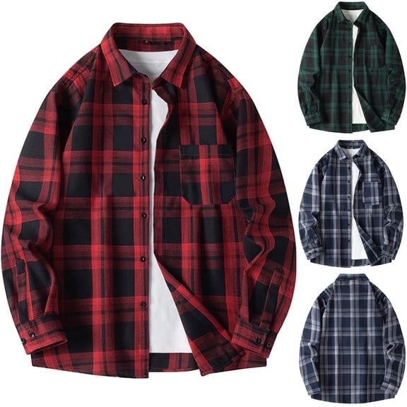 Miluxas Long Sleeve Shirts for Men Plaid Button Down Shirt Mens Casual Cotton Button Up Pocket Shirt Red