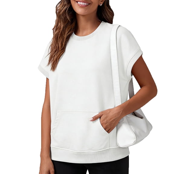 Women's Short Sleeve Sweatshirt Tops Shirts S with Pocket Detail Fabric Casual Daily Wear Loungewear Travel Outfits Fashion Essential Gift for Women | CSEONE,White L