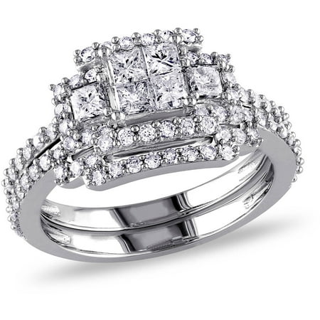 Miabella 1-1/5 Carat T.W. Princess and Round-Cut Diamond 14kt White Gold Bridal Set