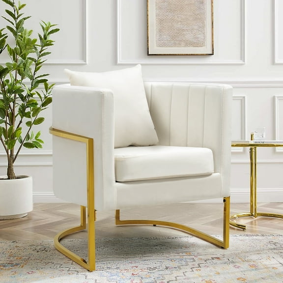 Velvet Accent Barrel Chairs, Modern Arm Club Chair with Pillow for Living Room / Bedroom / Guest Reception, Channel Tufted, Gold Finish Base, White