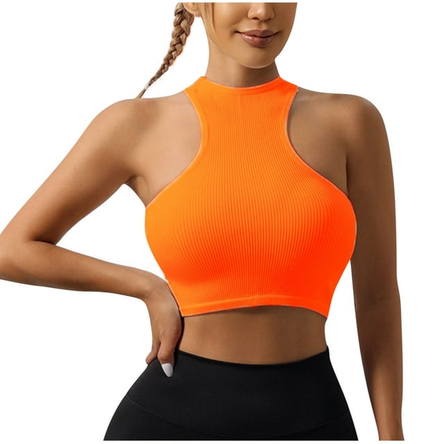 VSSSJ Women's Crop Tank Tops Ribbed Solid Color Basic Sleeveless Vest Casual Halter Neck Slim Fit Y2K Cropped Tops Orange M