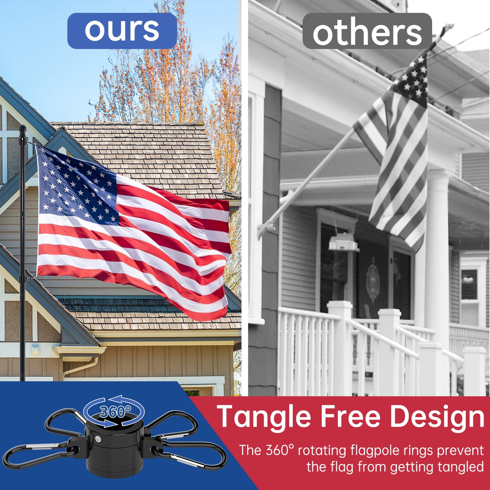 FIASON 1 Pack 10 FT Black Stainless Steel Flag Pole with Eagle Topper, Solar Light & 5-Prong Base, Tangle-Free Heavy Duty Flagpole Kit for Yard Commercial Outdoor Use, Without Flag