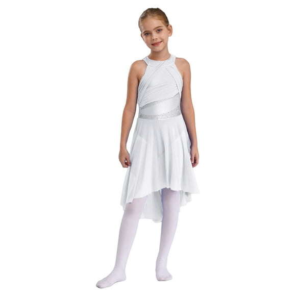 Choomomo Kids Girls Sparkle Sleeveless Lyrical Dance Dress Ballet Tulle Leotard Dress High-Low Contemporary Dance Costume White 12