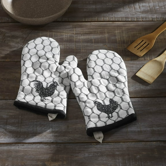 VHC Brands Cotton Oven Mitt Set of 2, Printed, Heat Resistant, Baking Glove Pot Holder, Kitchen Mitts, Down Home Collection, 12.5x8, Soft White