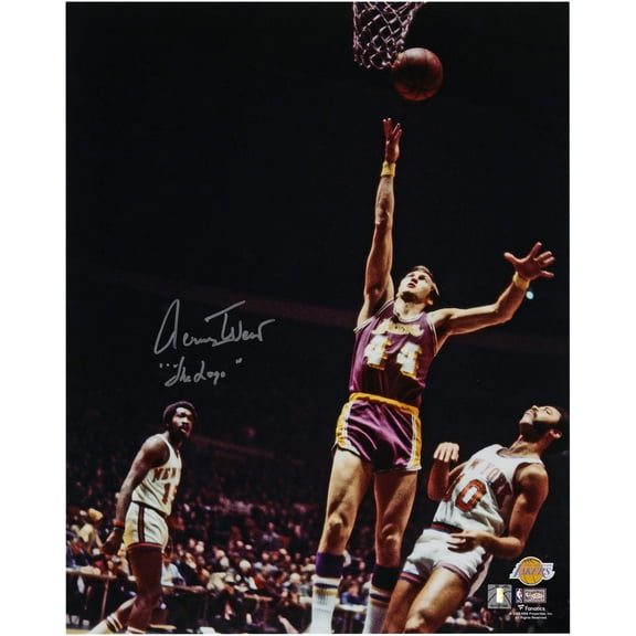 Jerry West Los Angeles Lakers Autographed 16" x 20" Layup in Purple Photograph with "The Logo" Inscription - Fanatics Authentic Certified