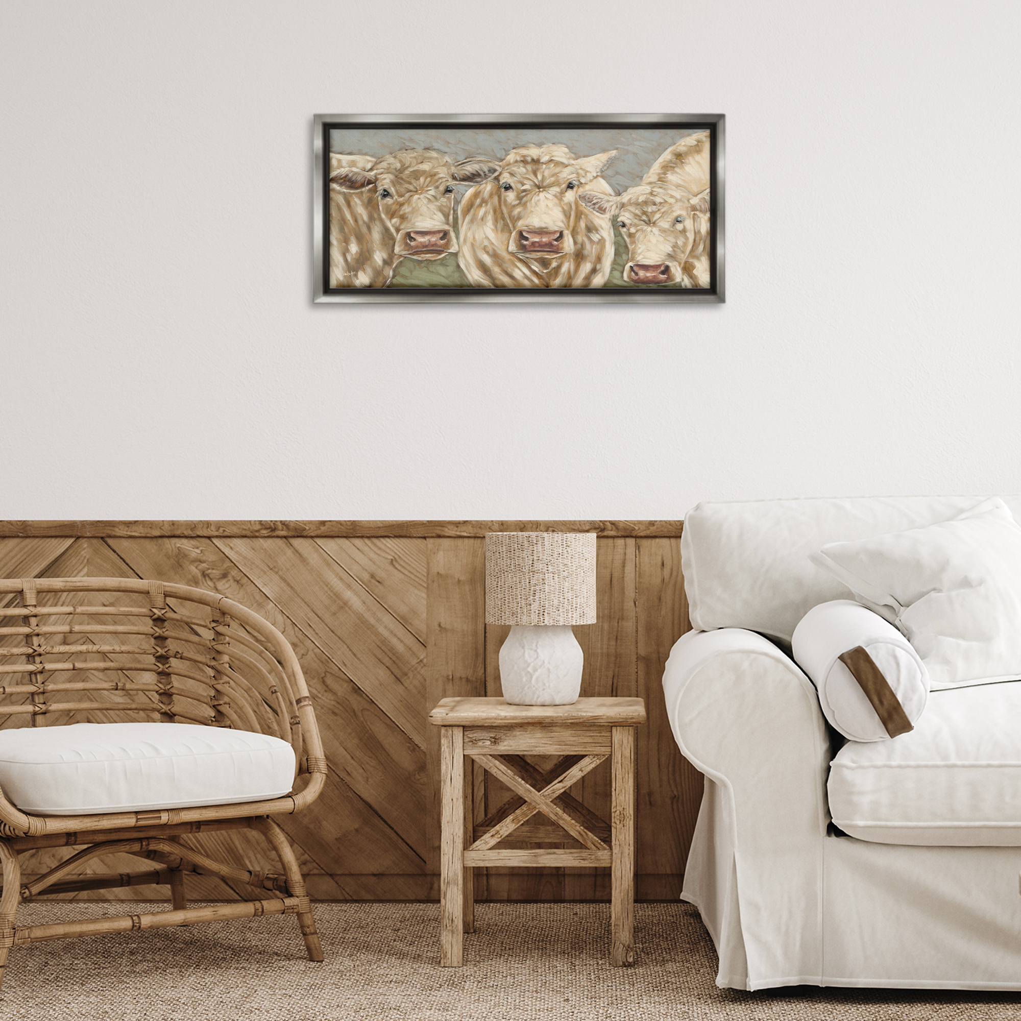 Stupell Industries Beige Cow Trio Animals & Insects Painting Gray Floater Framed Canvas Art Print Wall Art, 25 x 11