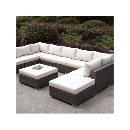 Ivory & Light Gray Wicker U-Sectional Sofa w/ Ottoman FOA CM-OS2128-SET1 Somani