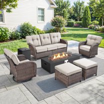 PARKWELL Wicker Patio Furniture Set with Fire Pit Table, Outdoor Luxury High-Back Sectional Swivel Rocker Chairs Sets, Oversized 7-Seat Conversation Set for Porch, Balcony, Deck, Brown/Beige