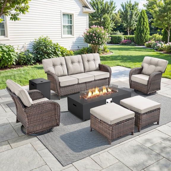 PARKWELL Wicker Patio Furniture Set with Fire Pit Table, Outdoor Luxury High-Back Sectional Swivel Rocker Chairs Sets, Oversized 7-Seat Conversation Set for Porch, Balcony, Deck, Brown/Beige