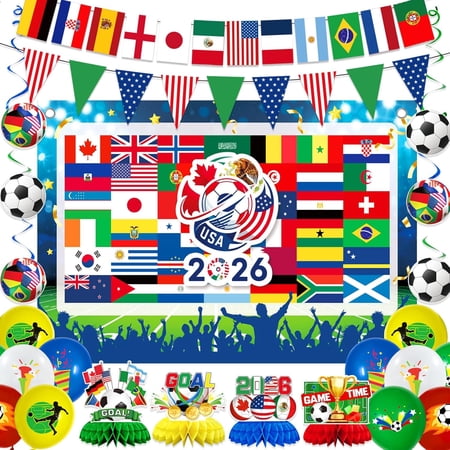 2026 World Soccer International Cup Decorations, 60x70 Inch Vibrant Backdrop Banner Hanging Swirl for Photo Booth And Football Event Soccers Theme Party Supplies Decor