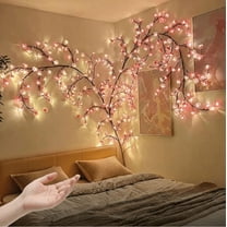 Cherry Enchanted Willow Vine Lights, 4FT 48LED Pink Cherry Blossom Tree Branch Lights for Wall, Remote Timer,8 Light Model,Bedroom Wall Doors Wedding, Christmas, USB Battery Box