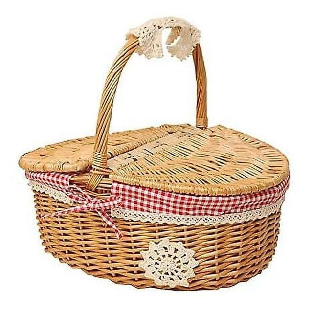 Cesta de Picnic de Mimbre Tejida con Tapa - Estilo Campestre con Forro de Algodón a Cuadros Rojos y Blancos - Cesta de Presentación para Picnics y Fiestas