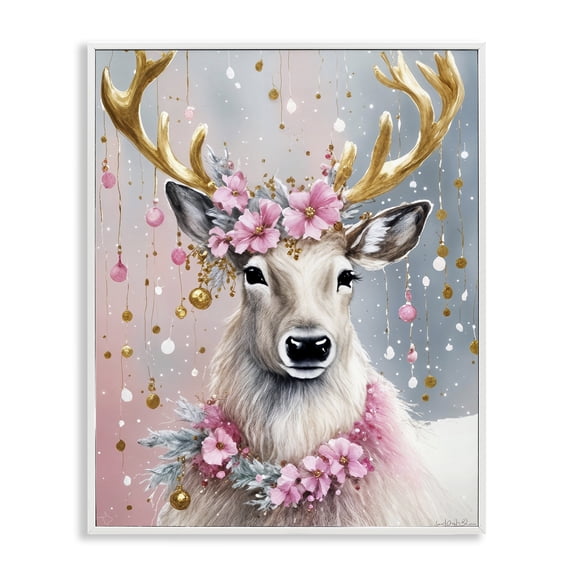 Stupell Industries Ornamental Florals on Deer Animals Painting White Framed Art Print Wall Art, 16 x 20