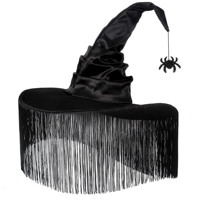 Black Witch Hat for Women, Halloween Costume Hat with Dangle Fringe, Hocus Pocus Party Halloween Decor & Accessories