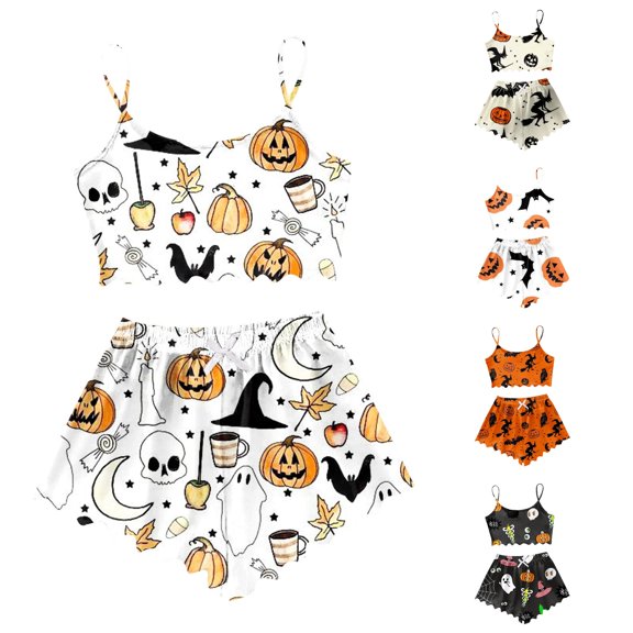 Weebloom Halloween Womens Pajama Set Pumpkin Sleeveless Camisole Silk Satin Pajamas Set 3Pcs Floral Lace Sleepwear Nightwear Pjs Loungewear White L