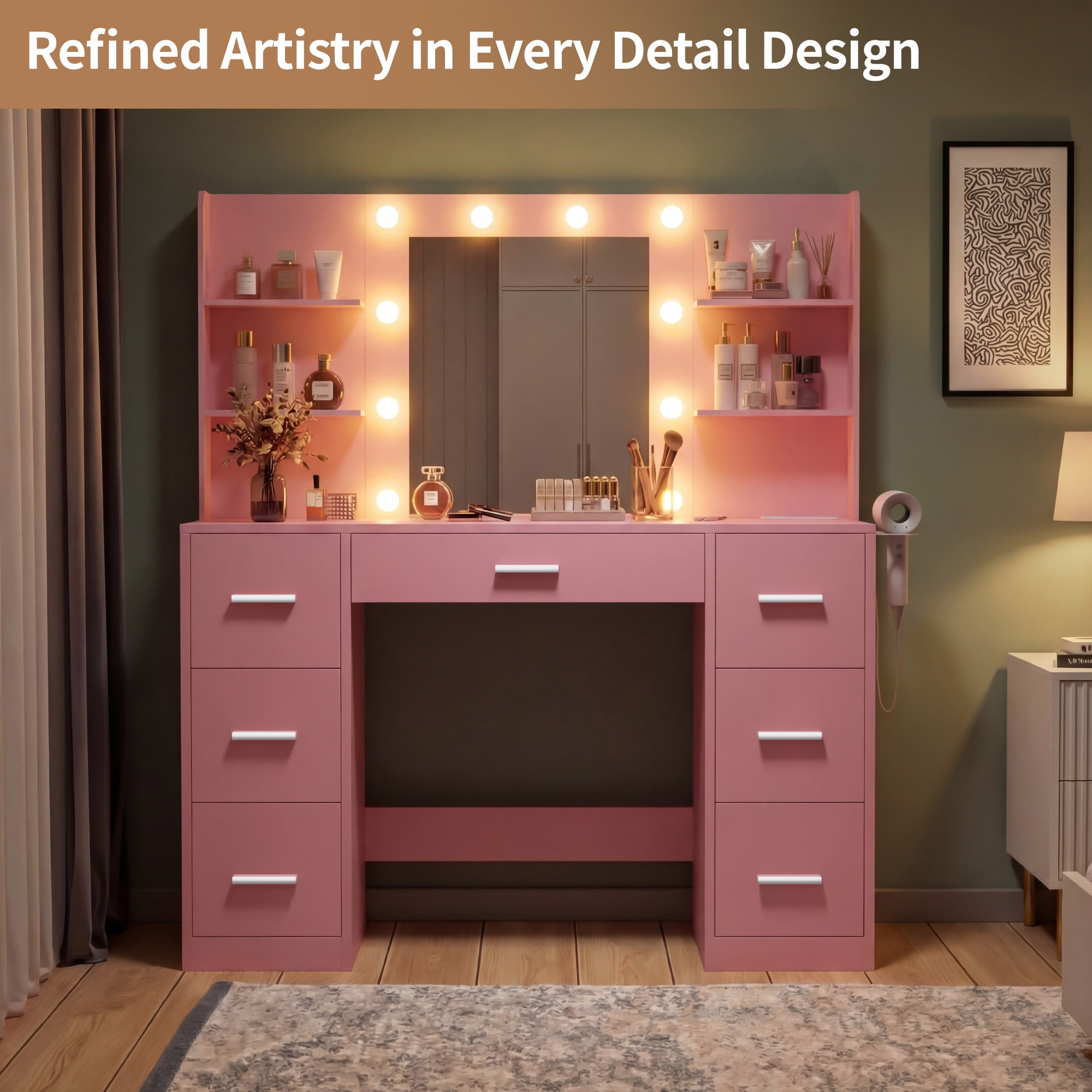 Lacoo Vanity Desk with Mirror and LED Lights, Makeup Vanity with 7 Drawers & 4 Shelves, Vanity Table with Power Outlet for Bedroom Dressing Room, Light Pink