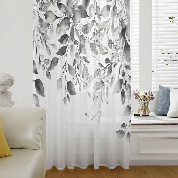 Grey Eucalyptus Leaves Semi Sheer Curtains Drapes for Living Room, Bedroom, French Doors Window 63 Inches Long, Watercolor Weeping Botanical Rod Pocket Chiffon Curtain Drapery Voile Draperies Panel