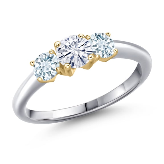 Gem Stone King 10K Two Tone Gold White Moissanite and Sky Blue Aquamarine Engagement Ring for Women | 1.00 Cttw | Round 5MM | Gemstone Birthstone | Size 8