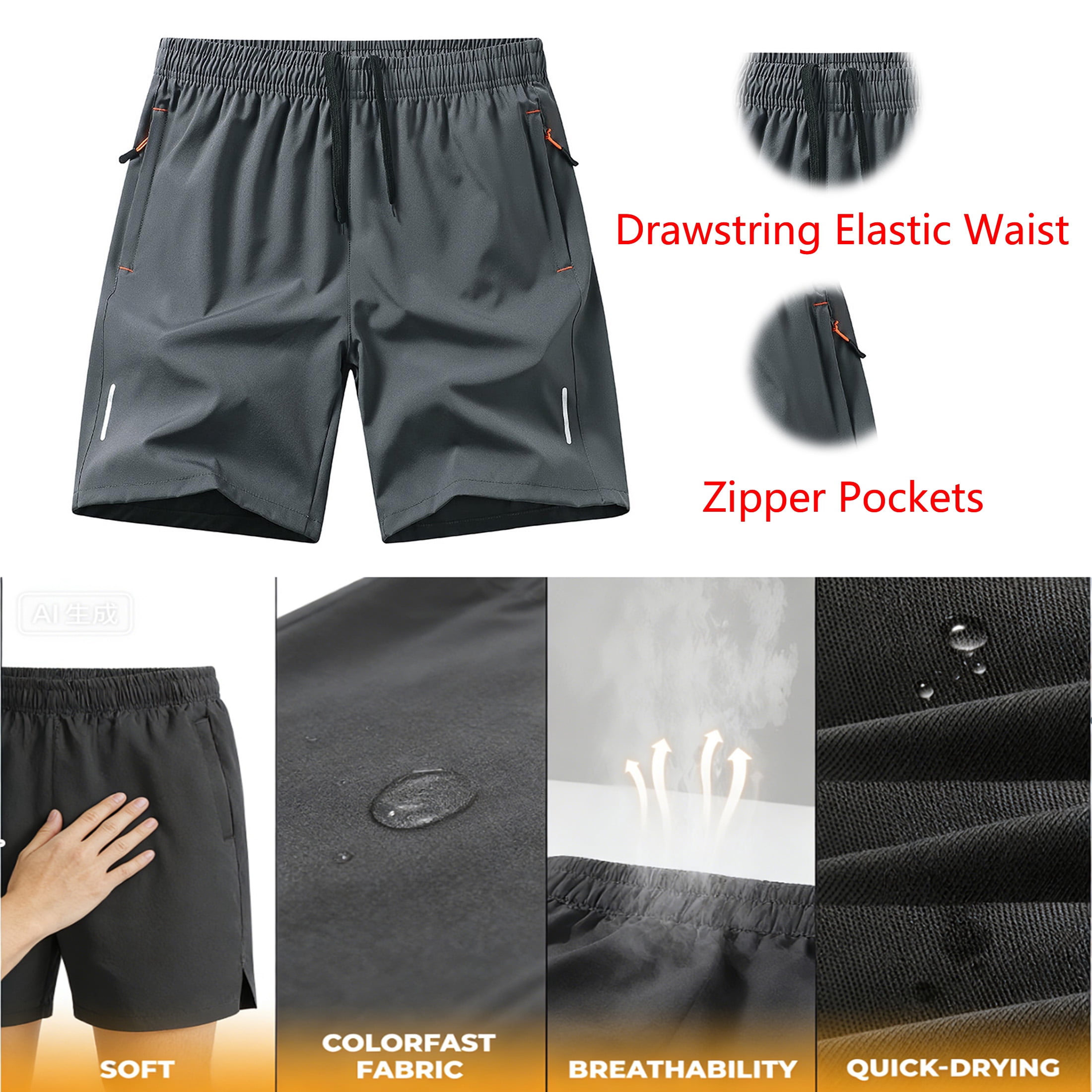 LONKITO Summer Mens Shorts Elastic Waist Lightweight Running Shorts with Zipper Pockets for Casual Athletic Beach, Size L