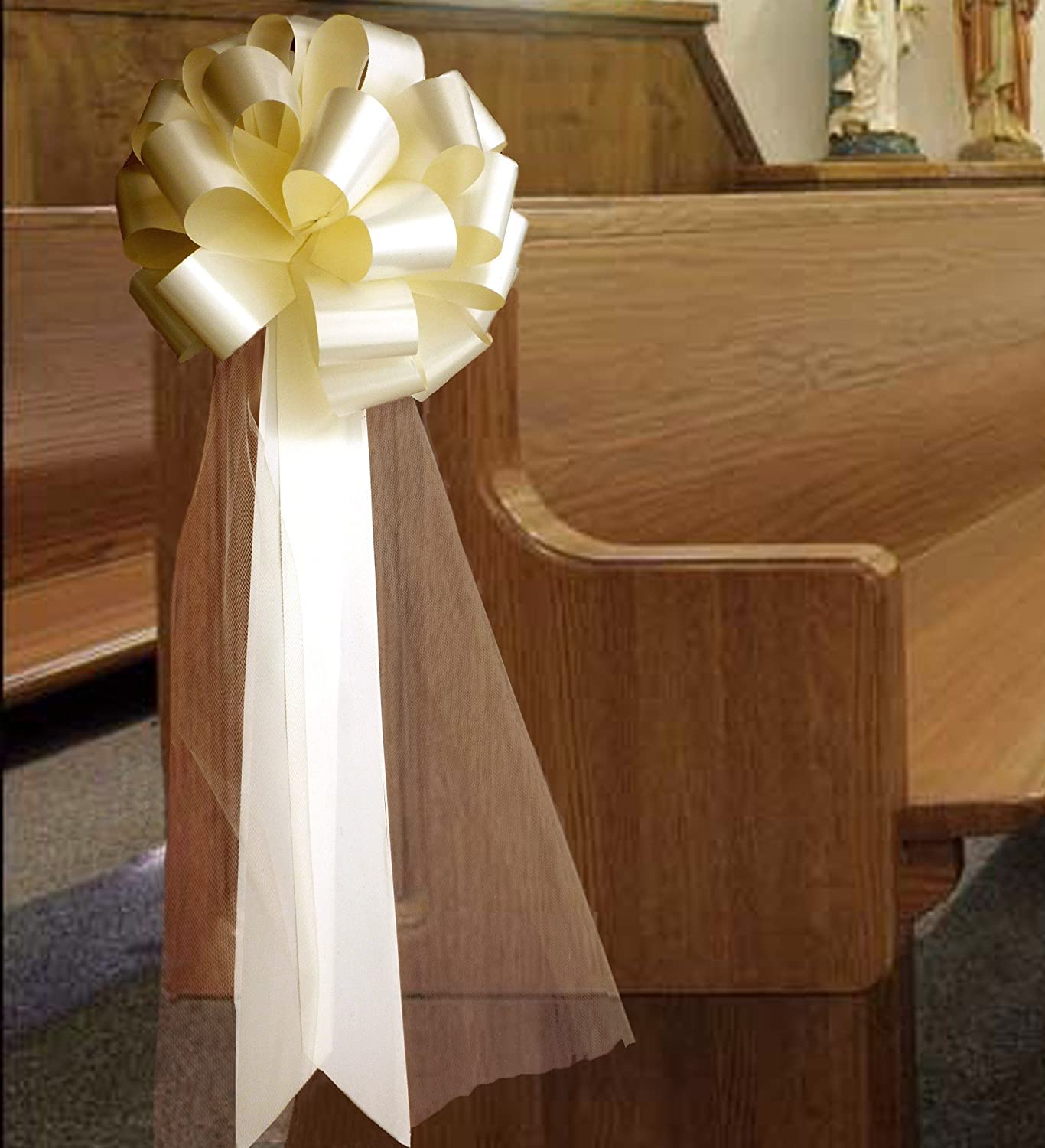 Large Ivory Pull Bows with Long Tulle Tails - 9" Wide, Set of 6, Easter, Spring, Wedding Pew Bows, Mother's Day, Aisle Decor, Reception, Anniversary, Birthday, School Dance, Fundraiser, Store Front