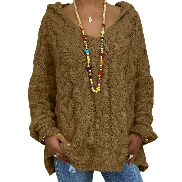 Cable Knitted Sweaters for Women with Hood Loose V Neck Cable Knitted Sweaters for Women with Hood Loose V Neck